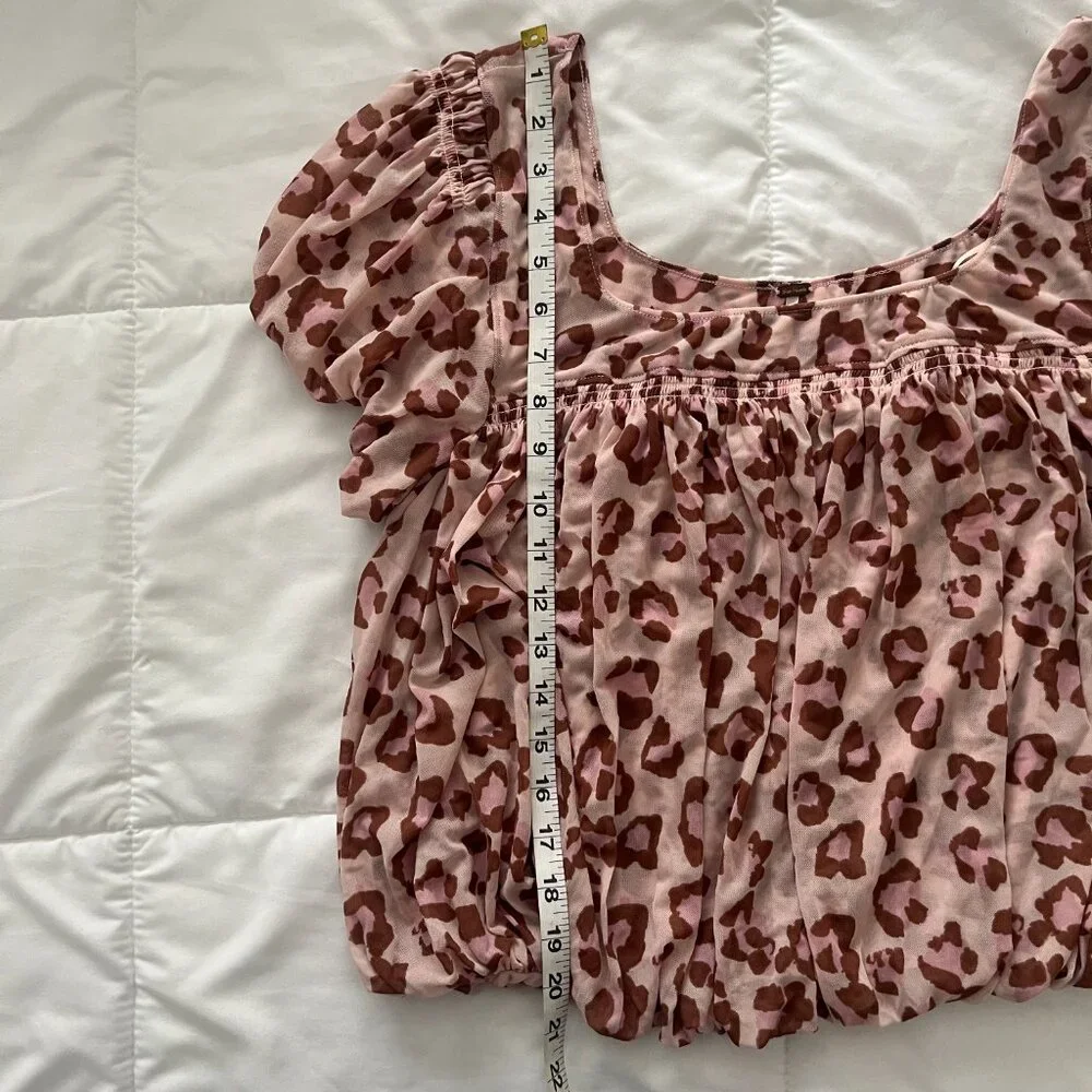 Free People Meg's Blouse Pink Leopard Cropped Mesh Pleated Safari Boho Chic M
